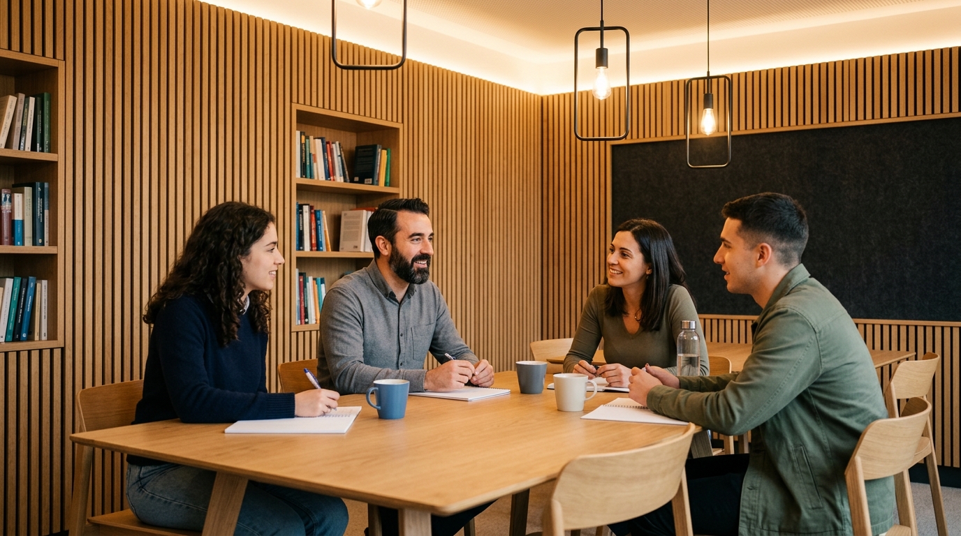 Alumnado joven y adulto en sesión de seminario de idiomas alrededor de una mesa de roble con iluminación de diseño cálida